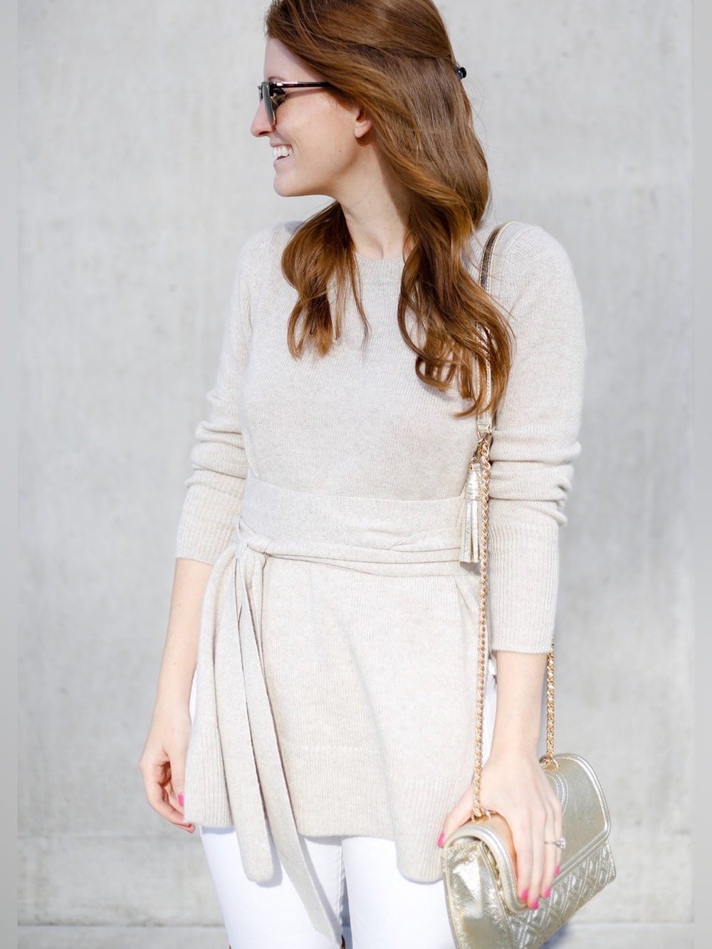 Club Monaco Cashmere Tie Belted Sweater Oatmeal Neutral Minimalist Quiet Luxury